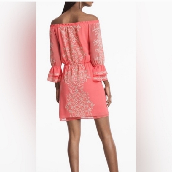 White House Black Market Gold Metallic Embroidered Coral Boho Off Shoulder Dress - Picture 2 of 9